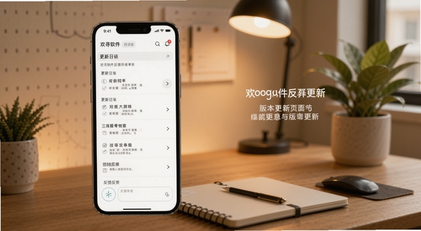 欢寻软件反馈界面与版本更新页面展示,手机屏幕呈现更新日志列表和反馈输入框,背景为暖色调工作室环境,桌面有笔记本和绿植,画面温馨专业,体现团队持续优化的态度,适配Boogu模型生成