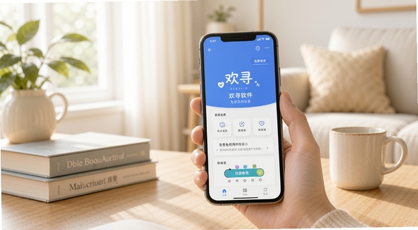 欢寻软件免费使用场景展示,手机屏幕显示欢寻功能界面,背景为明亮居家环境,桌面有书籍和水杯,氛围轻松舒适,体现软件免费易用的特点,适配Boogu模型生成