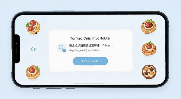 美食点点消安装设置界面示意图,手机屏幕显示权限管理页面,卡通美食图标点缀,简洁科技风,浅色背景