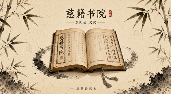 慈籍书院应用主界面展示,画面中央为一本展开的古籍书本,书本周围环绕着淡雅的竹叶与水墨元素,背景为暖色调的宣纸纹理,整体风格古朴宁静,突出慈籍书院的文化阅读氛围。