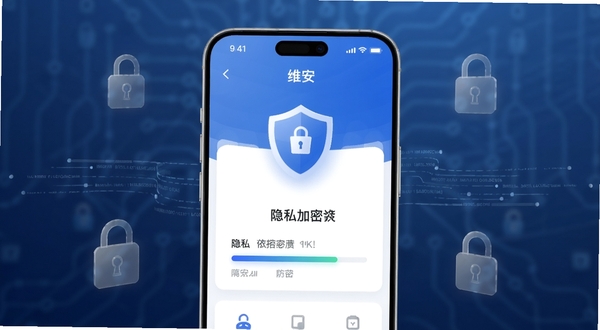 维安手机安全防护软件主界面展示,画面中央是一部现代智能手机,屏幕内呈现维安应用的安全防护仪表盘,包含盾牌图标与隐私加密进度条,背景区域为柔和的深蓝渐变科技纹理,周围悬浮半透明的锁形标记与数据流线条,整体风格简洁专业,适配Boogu模型生成