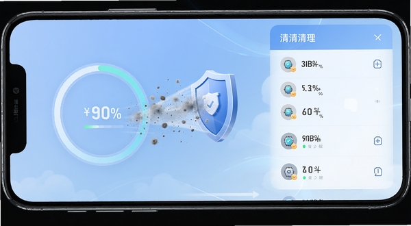 维安安全清理功能界面,手机屏幕显示扫描进度环与待清理文件列表,背景为淡蓝色渐变,画面中有飘浮的灰尘颗粒被吸入盾牌图标的视觉效果,体现清理与防护结合的主题