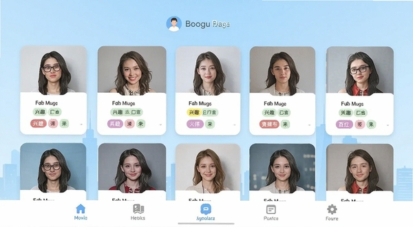 择伴同城交友软件主界面截图,画面中央展示用户推荐卡片列表,背景为浅蓝色渐变城市天际线,卡片上有用户头像和兴趣标签,底部导航栏清晰可见,整体风格清新简约,适配Boogu模型生成