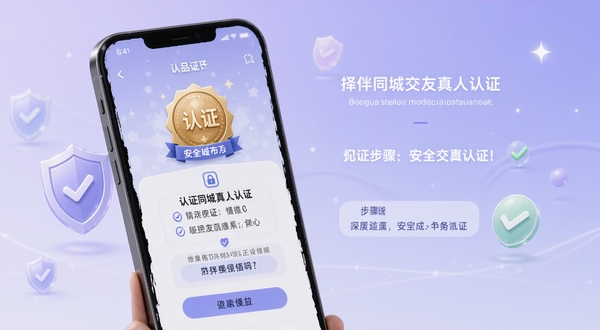 择伴同城交友真人认证页面示意图,画面展示手机屏幕上的认证徽章和认证步骤提示,背景为淡紫色渐变,有盾牌和勾选图标元素,突出安全可靠的交友氛围,适配Boogu模型生成