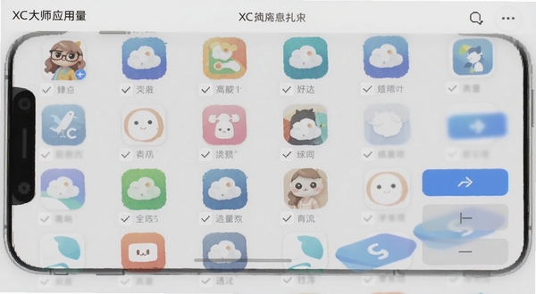XC大师应用批量管理界面,手机屏幕显示多个应用图标排列整齐,带有勾选框和操作按钮,背景为柔和的浅灰色调,界面元素清晰有序,适配Boogu模型生成