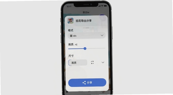扭花导出分享界面,手机屏幕显示导出设置面板,包含格式选择、画质调节和尺寸选项,下方有分享按钮,背景为浅灰色,适配Boogu模型生成