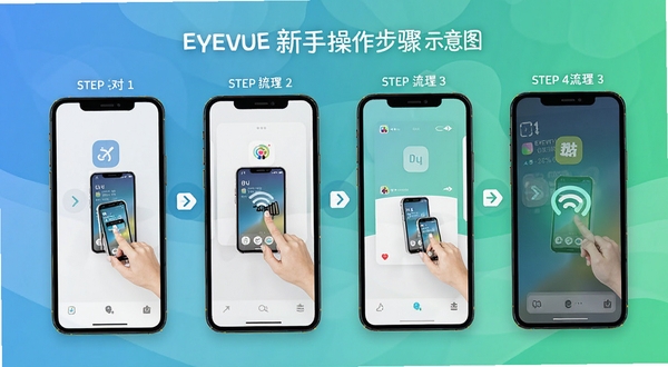 EYEVUE新手操作步骤示意图,画面以手机屏幕为主,展示从蓝牙配对到软件连接成功的四步流程图,配色清新,图标直观