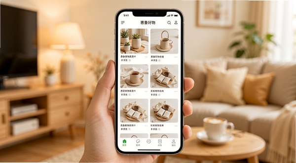 惠鲁好物应用主界面全貌展示,画面中央为手机屏幕,屏幕内呈现商品瀑布流与底部导航栏,背景区域为柔和的暖色调生活场景虚化,整体风格清新明快,突出购物应用的便捷与亲和力
