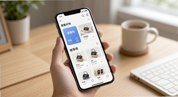 惠鲁好物智能商品聚合功能界面,手机屏幕中显示分类卡片与个性化推荐流,画面主体为手持手机的特写,背景为简洁的室内桌面环境,光线柔和,体现智能推荐带来的便利感