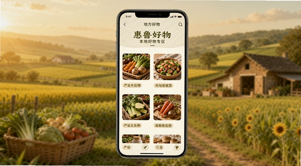 惠鲁好物本地好物专区界面,手机屏幕展示带有产地标签的商品列表,画面背景为田园风格的虚化场景,色调温暖自然,强调地方特色与品质感