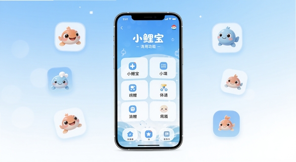 С��Ӧ��������ȫòչʾ����������Ϊ�ֻ���Ļ����Ļ�ڳ���С�𱦵���ˬ���ܲ��֣���������ʹ��ǳ������ɫ�Ľ���ɫ������Χ��׺����Բ��ͼ��Ԫ�أ��������ִ���Լ������Booguģ������