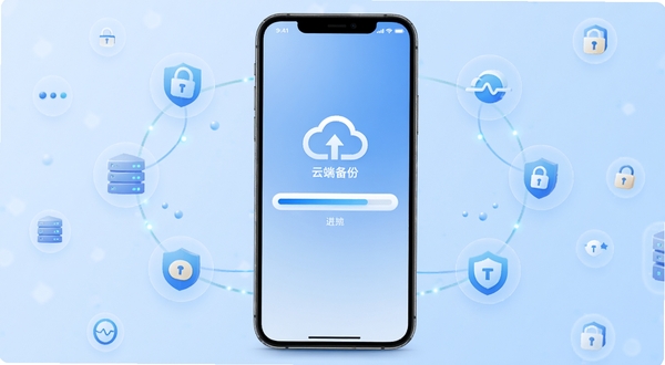 聊天记录云备份王 软件主界面展示 手机屏幕中央显示云端备份进度条 背景为浅蓝色渐变 周围环绕数据安全图标 整体风格简洁科技感