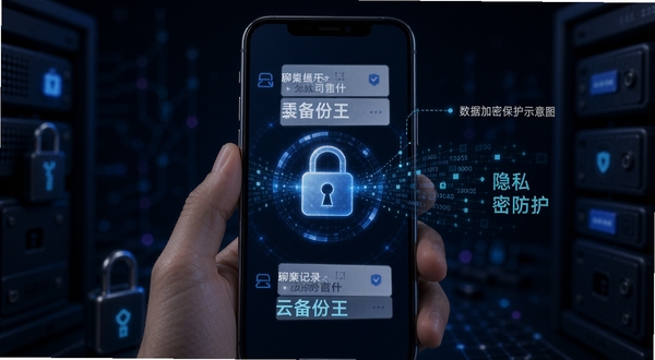 聊天记录云备份王 数据加密保护示意图 手机屏幕显示锁形图标和加密数据流 背景为深色安全主题 突出隐私防护的可靠性