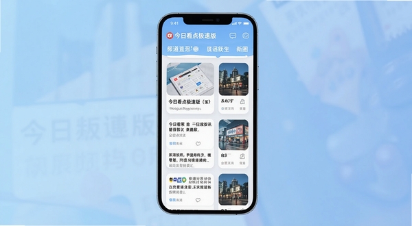 今日看点极速版应用主界面与手机屏幕展示,画面中央为手机正视图,屏幕内呈现资讯信息流卡片布局,顶部有频道分类导航,背景为淡蓝色渐变虚化效果,整体风格简洁明快,适配Boogu模型生成