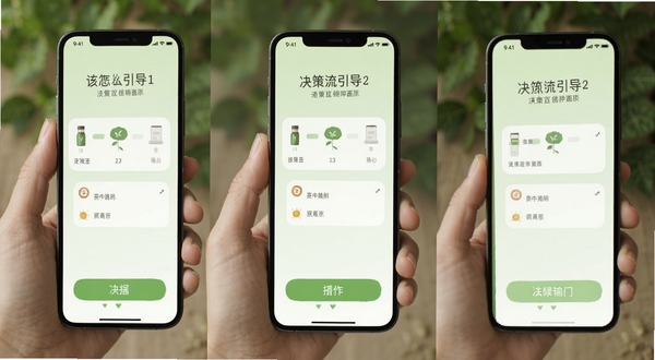 该怎么选择 决策流程引导页面 手机屏幕显示步骤条与输入框 背景为淡绿色 清新自然风格 操作界面友好