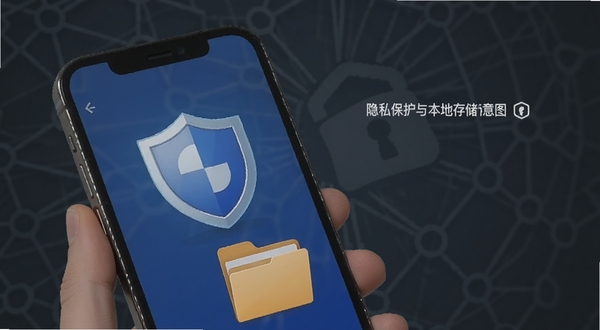 该怎么选择 隐私保护与本地存储示意图 手机屏幕显示盾牌图标与本地文件夹 背景为深灰色 安全可靠氛围