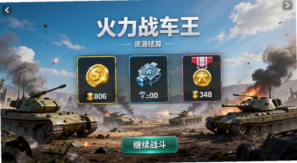 火力战车王资源结算界面,屏幕中央显示金币、零件碎片、荣誉勋章三种资源图标及数量,背景为战斗胜利后的战场远景,战车残骸与硝烟弥漫,画面底部有继续战斗按钮,整体色调明亮,数据清晰可读