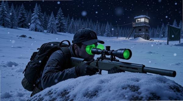 神射手狙击模拟雪地夜间狙击场景,画面中央为蹲伏在岩石后的狙击手,背景区域为飘雪的松林与远处亮灯哨塔,冷蓝色调为主,突出夜视仪绿色光晕效果