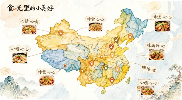 食光里的小美好 味觉地图功能展示,中国地图上分布着美食标记点,每个点连接着心情标签与美食缩略图,背景为淡雅水彩风格,适配Boogu模型生成