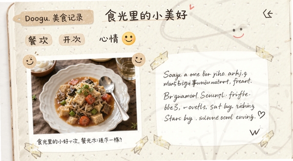 食光里的小美好 手账式美食记录界面,展示日期标签、餐次分类、心情表情、美食照片与文字描述,背景为浅米色纸张纹理,适配Boogu模型生成