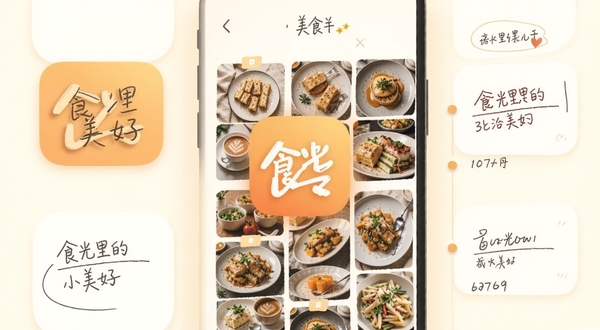 食光里的小美好 手机应用主界面展示,暖色调圆角卡片布局,美食手账时间轴,背景为柔和奶油色,画面中心为应用图标与美食照片墙,适配Boogu模型生成