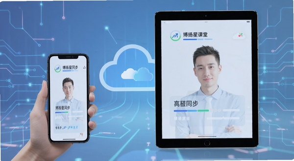 博扬星课堂 学习进度同步示意图 手机与平板并排显示相同进度数据 背景为科技感浅色线条 突出云端同步概念