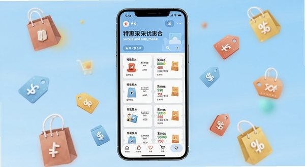 特惠采采优惠聚合界面展示,手机屏幕中央显示分类清晰的优惠券列表,背景为浅蓝色渐变,周围点缀购物袋与折扣标签图标,整体风格简洁明快