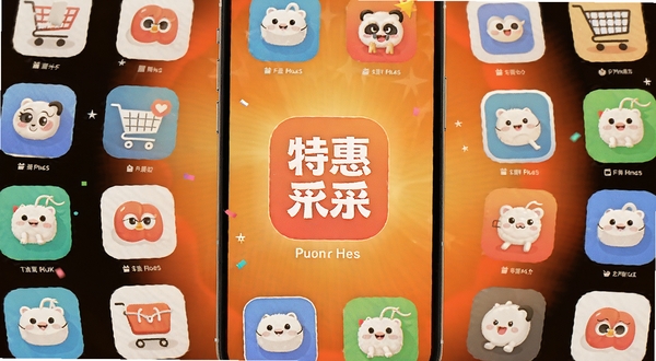 特惠采采同类应用推荐场景图,手机屏幕展示多个购物应用图标环绕排列,中心为特惠采采图标,背景为暖色调渐变,突出对比与选择氛围