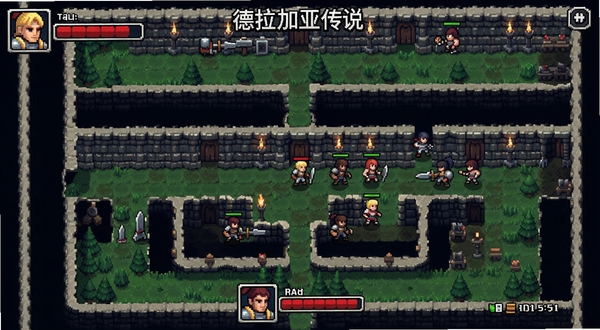 德拉加亚传说:放置地牢游戏界面截图,展示随机生成的地牢地图与自动战斗过程,英雄头像与血条清晰可见,像素风格