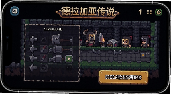 德拉加亚传说:放置地牢移动端操作界面,展示挂机设置与离线收益领取按钮,手机屏幕比例,像素风格