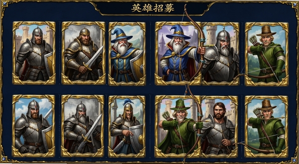 剑指王城 英雄招募界面 多位中世纪风格英雄卡牌 战士法师弓箭手 金色边框 深蓝色背景 游戏UI