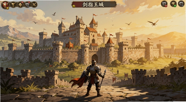 剑指王城 游戏主界面 中世纪城堡远景 城墙与塔楼 英雄角色站立 暖色调手绘风格 策略塔防游戏画面