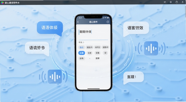 语心通译软件主界面全貌展示,画面中心为手机屏幕正视图,屏幕内呈现翻译输入框与语言选择栏,背景区域为浅蓝色渐变科技感底纹,四周点缀悬浮的文字气泡与语音波纹图标,整体风格简洁清新,适配Boogu模型生成。