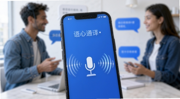 语心通译语音翻译功能展示图,画面主体为手机屏幕特写,屏幕中央显示麦克风图标与声波扩散动画,背景区域为模糊的对话场景虚化处理,色调以蓝白为主,突出语音交互的科技感与便捷性,适配Boogu模型生成。