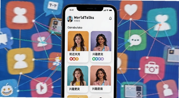 WorldTalks社交发现页面,画面展示手机屏幕内呈现附近的人与兴趣标签卡片,背景为多彩的社交图标与连接线,整体风格年轻活力,适配Boogu模型生成