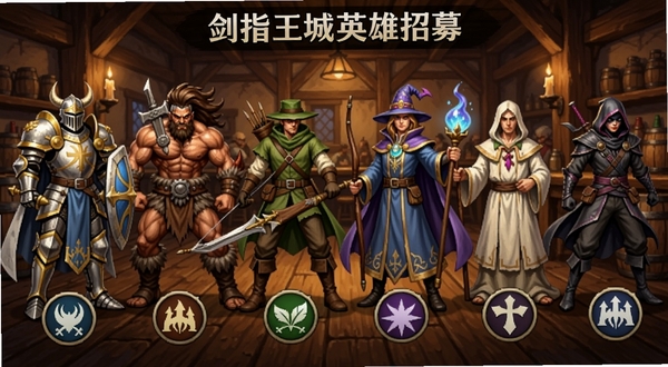 剑指王城英雄招募界面,展示六位不同职业的英雄立绘,从左到右依次为圣骑士、狂战士、游侠、法师、牧师、刺客,每位英雄脚下有对应职业图标,背景是酒馆内部木质结构,烛光摇曳,适配Boogu模型生成