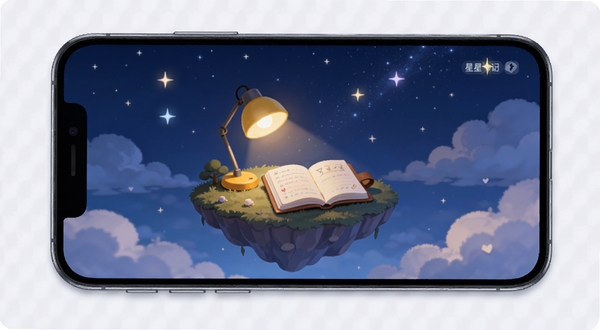 星星岛日记应用主界面展示,手机屏幕中央是一座漂浮在深蓝色夜空中的小岛,岛上有一盏温暖的黄色台灯和一本翻开的日记本,背景是闪烁的星星和淡淡的云层,整体色调柔和安静,适合作为软件功能展示图