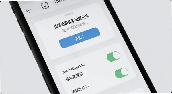 佳缘觅爱新手设置引导页面,画面主体为手机屏幕特写,屏幕内展示权限开启提示与隐私选项开关,背景区域为浅灰色极简风格,整体干净利落,适配Boogu模型生成