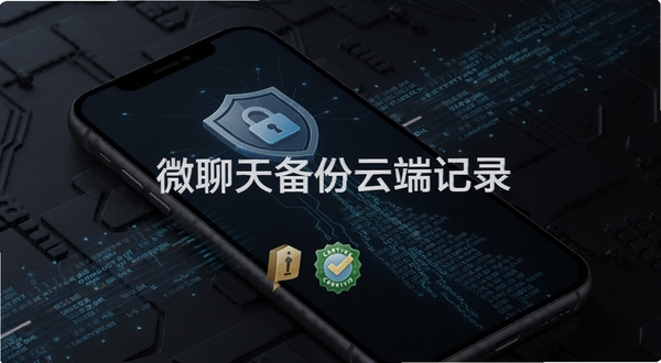 微聊天备份云端记录 安全加密概念图,手机屏幕显示盾牌锁图标与加密数据流,背景为深色科技纹理,画面中央有软件名称与安全认证标识,风格沉稳专业