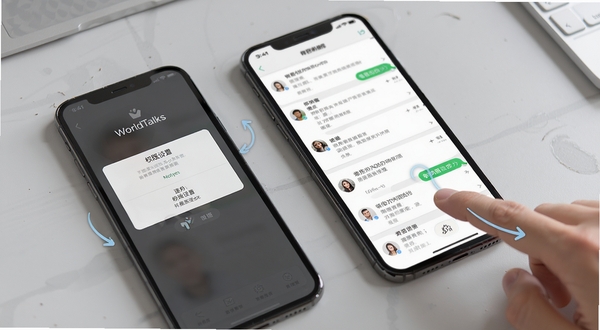 WorldTalks 移动端使用教程示意图,画面展示手机屏幕上的权限设置界面与聊天列表,旁边有手指点击操作的示意,背景为浅灰色工作台面,风格写实清晰