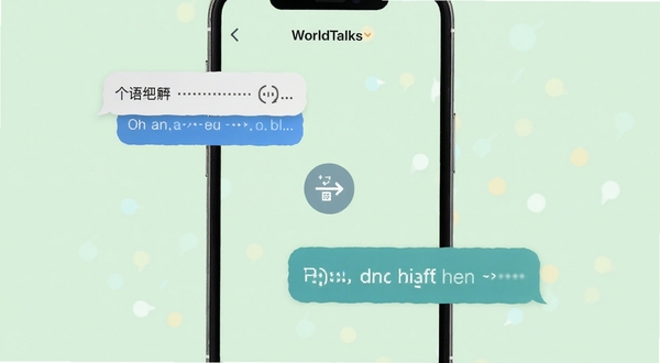 WorldTalks 多语言实时翻译聊天界面,手机屏幕中显示两种语言的对话气泡,一侧是中文一侧是英文,中间有翻译箭头图标,背景为柔和的浅绿色,画面干净整洁,体现跨语言沟通的便捷感