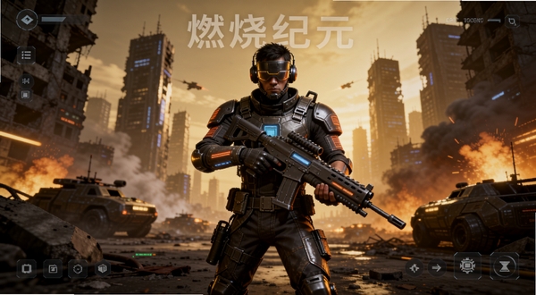 燃烧纪元 游戏主界面 未来战场 科幻风格 中央位置 主角持枪站立 背景为废墟城市 暖色调 动态光影 高质量游戏截图风格