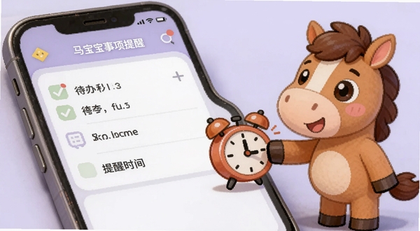 马宝宝事项提醒功能界面,画面中手机屏幕显示待办清单与提醒时间设置面板,屏幕旁有一个卡通小马形象正在用蹄子点击闹钟图标,背景为淡紫色,风格可爱活泼,适配Boogu模型生成