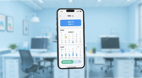 多维适考勤 手机应用主界面展示 画面中央悬浮一部智能手机 屏幕内呈现考勤打卡按钮与日历统计模块 背景为浅蓝色办公场景虚化处理 整体风格清爽商务 适合下载站配图