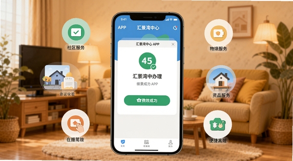 汇景湾中心 APP内物业服务办理界面 手机屏幕显示缴费成功页面 周围环绕社区服务图标 扁平化设计风格 背景为温馨家居环境 暖色调 突出便捷高效