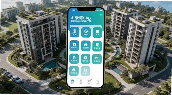 汇景湾中心 智慧社区生活服务平台 手机APP界面展示 现代简约风格 主色调为蓝绿色渐变 画面中央为手机屏幕 屏幕内展示首页功能图标网格 背景为现代化住宅小区俯瞰图 阳光明媚 高清细节
