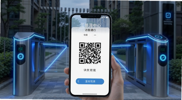 汇景湾中心 访客通行二维码界面 手机屏幕显示动态二维码 背景为小区大门闸机 现代安防场景 科技感蓝色光效 清晰展示操作流程