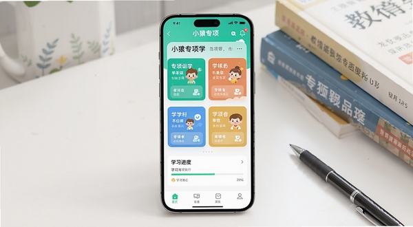 ��������չʾһ�������ֻ�����Ļ�ϳ���СԳר��ѧAPP����ҳ���棬�����������ɼ���ѧ��ר��ѵ��ģ����ѧϰ����������������Ϊ���������һ�ǣ������ż����̿�����һ֧�ʣ�����������������������¼�࣬�ʺϽ�������������ͼ����ͼ�������ĶԳƣ��ֻ���Ļ����Ϊ�Ӿ�����