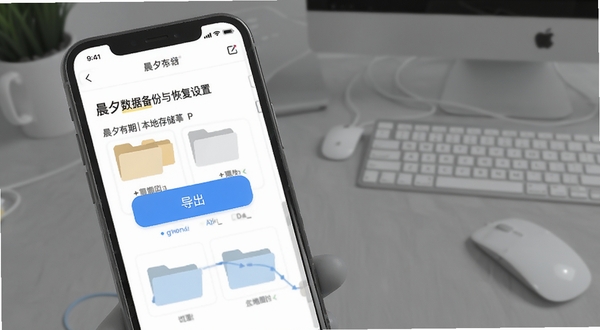晨夕有期数据备份与恢复设置页面,画面主体为手机屏幕上的导出按钮与文件夹图标,背景区域为简洁的灰色办公桌面,突出数据安全与本地存储概念