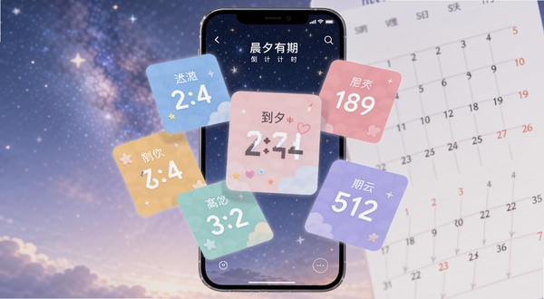 晨夕有期倒计时卡片界面,画面主体为多张彩色倒计时卡片悬浮在手机屏幕上方,背景区域为柔和星空与日历网格,营造期待与仪式感并存的视觉效果